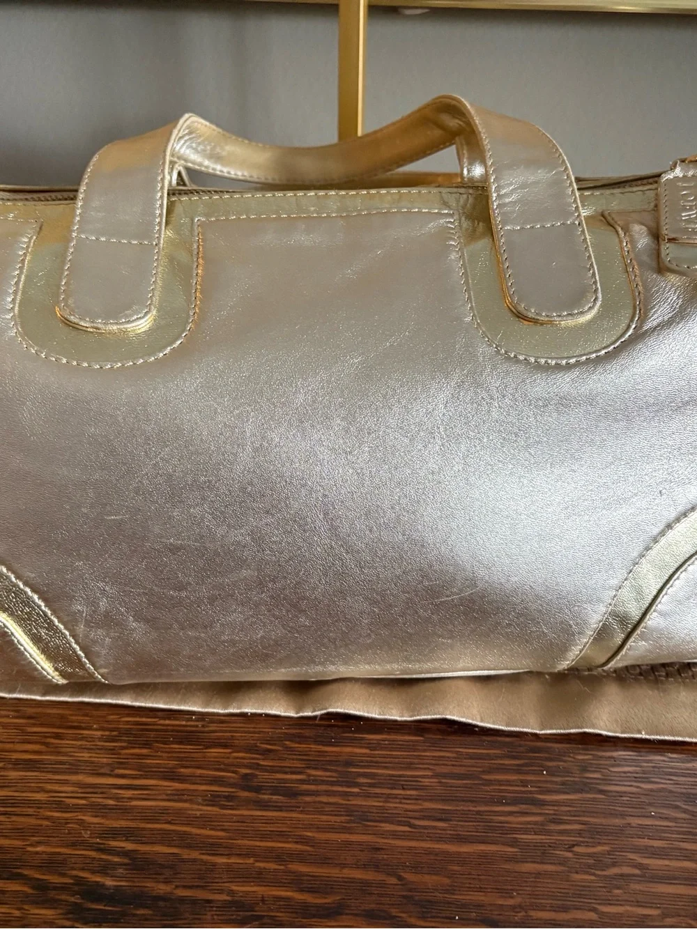 Loewe 2007 Vintage Metallic Champagne Two Tone Gold Leather Boston Satchel Bag